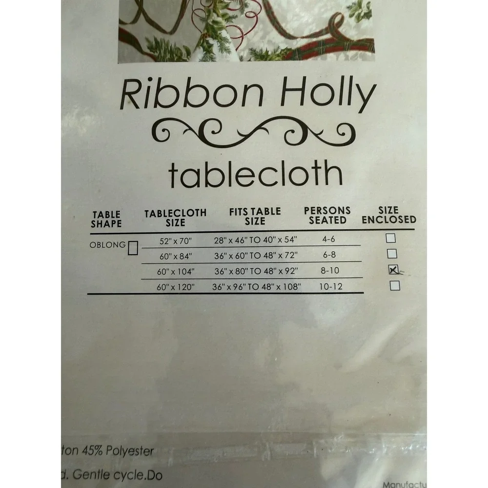 Fortunoff Ribbon Holly Tablecloth 60x104‎ Oblong Christmas Holiday Damask Ivory